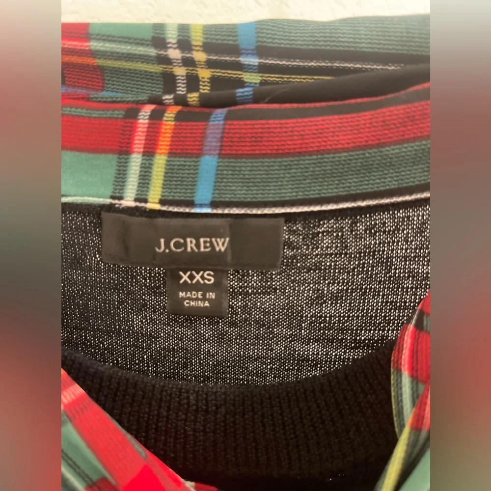J Crew Black Merino Wool Crew Neck Sweater Plaid Tartan Scarf Tie Long Sleeve